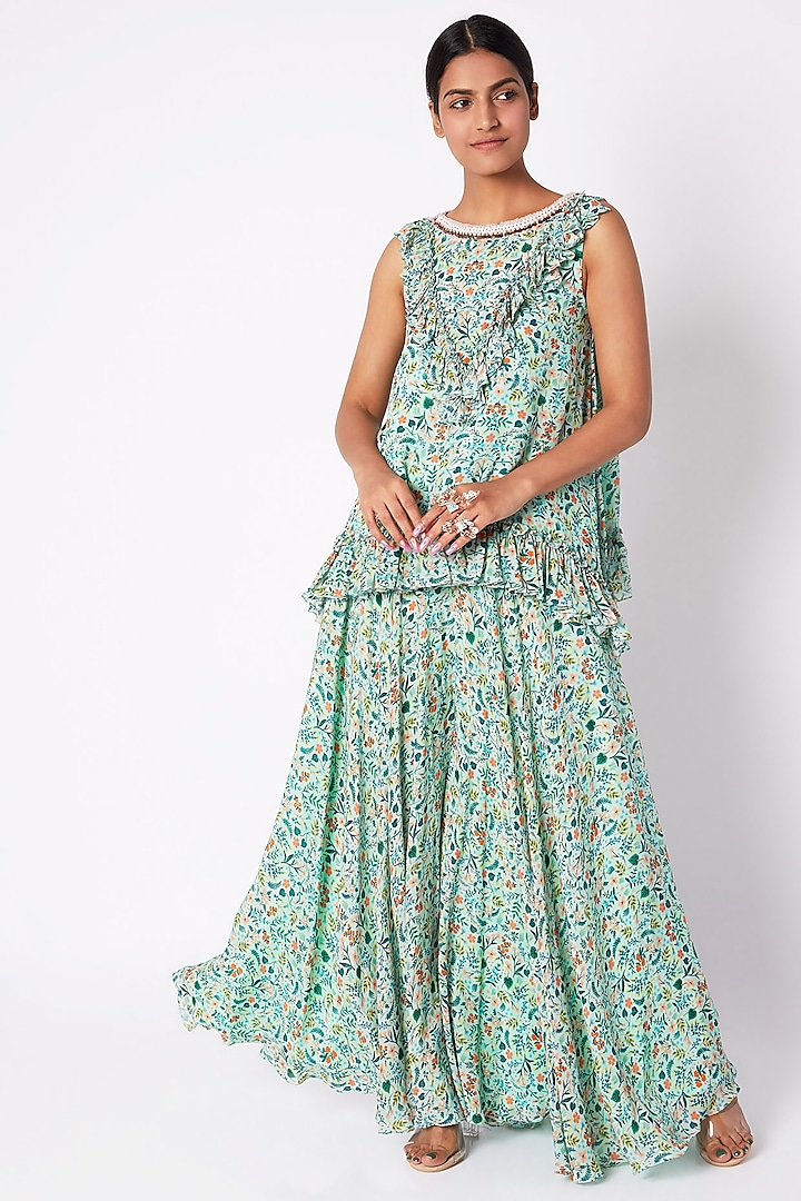 Sea Green Embroidered & Printed Tunic With Palazzo Pants by Pooja Sampat