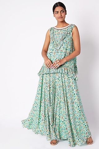 Sea Green Embroidered & Printed Tunic With Palazzo Pants by Pooja Sampat