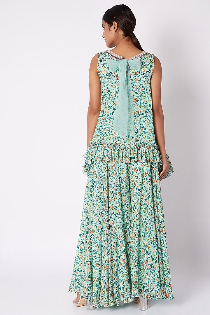 Sea Green Embroidered & Printed Tunic With Palazzo Pants by Pooja Sampat at Pernia's Pop Up Shop