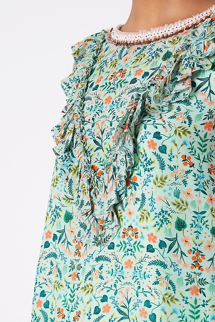 Sea Green Embroidered & Printed Tunic With Palazzo Pants by Pooja Sampat at Pernia's Pop Up Shop