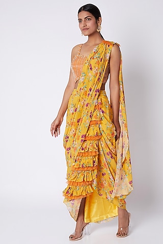 Mustard Embroidered & Printed Pre-stitched Saree Set by Pooja Sampat