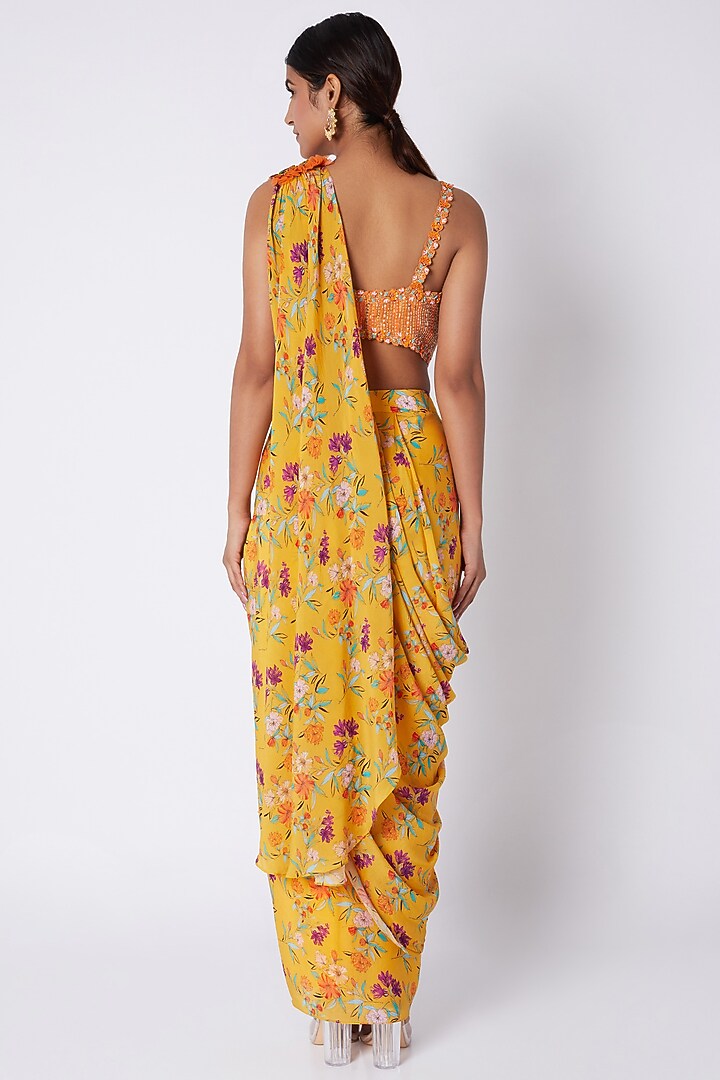 Mustard Embroidered & Printed Pre-stitched Wedding Saree Set by Pooja Sampat at Pernia's Pop Up Shop