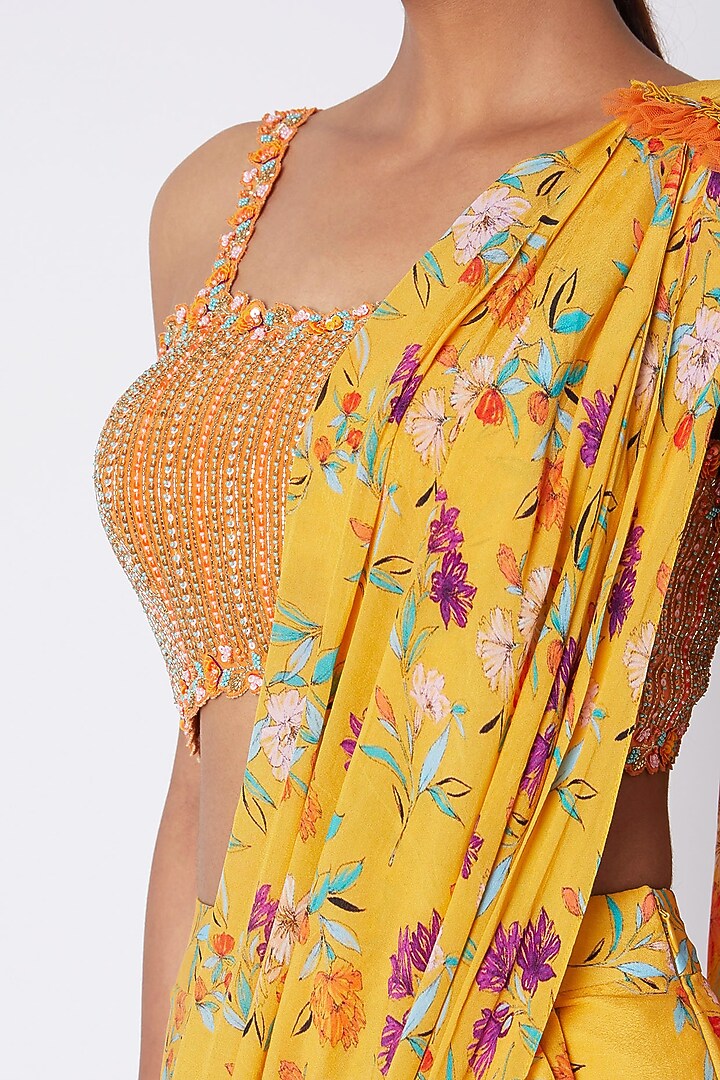 Mustard Embroidered & Printed Pre-stitched Wedding Saree Set by Pooja Sampat at Pernia's Pop Up Shop