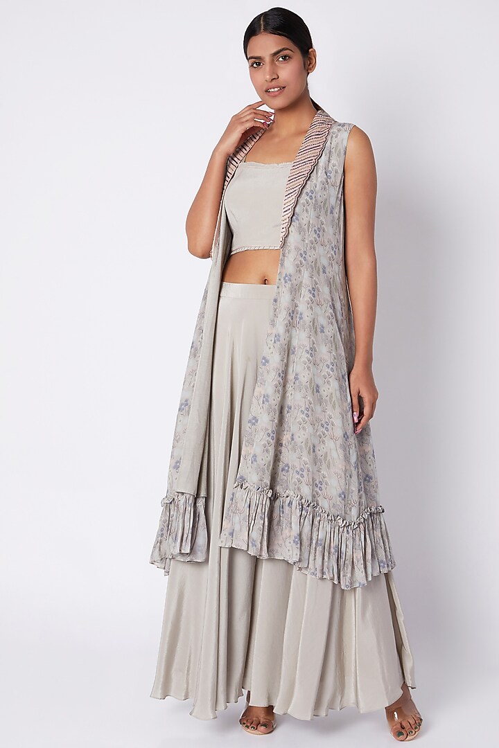 Beige Embroidered Bustier With Palazzo Pants & Jacket by Pooja Sampat