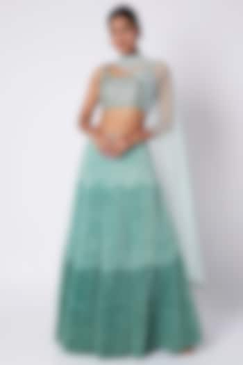 Sea Green Embroidered Ombre Wedding Lehenga Set by Pooja Sampat at Pernia's Pop Up Shop