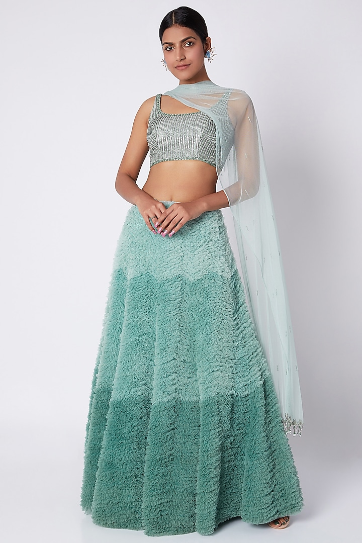 Sea Green Embroidered Ombre Lehenga Set Design by Pooja Sampat at ...