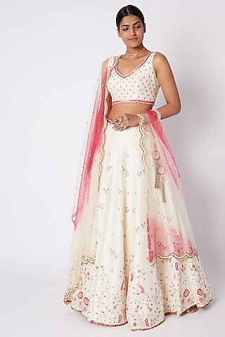 Cream Embroidered Lehenga Set by Pooja Sampat