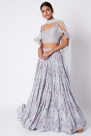 Powder Blue Embroidered & Printed Lehenga Set by Pooja Sampat