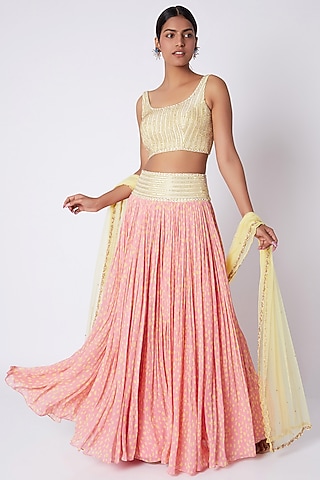 Pink Embroidered & Printed Lehenga Set by Pooja Sampat