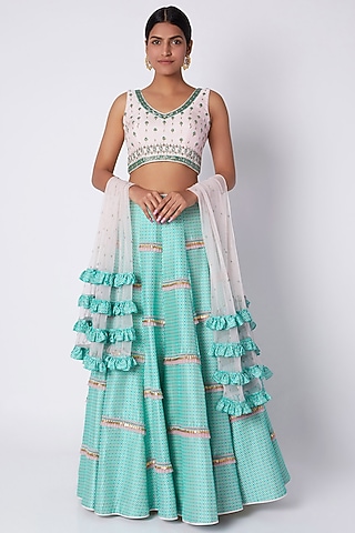 Blue & Baby Pink Embroidered Printed Lehenga Set by Pooja Sampat