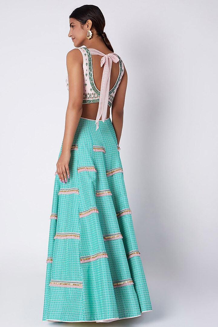 Blue & Baby Pink Embroidered Printed Wedding Lehenga Set by Pooja Sampat at Pernia's Pop Up Shop
