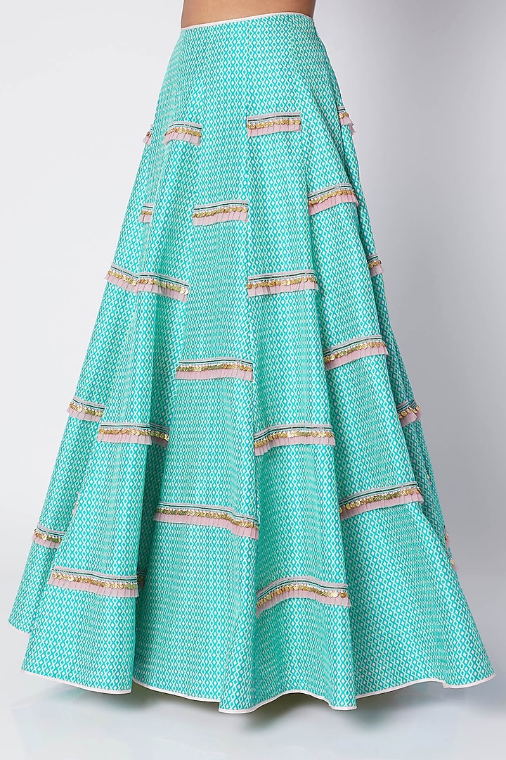 Blue & Baby Pink Embroidered Printed Wedding Lehenga Set by Pooja Sampat at Pernia's Pop Up Shop