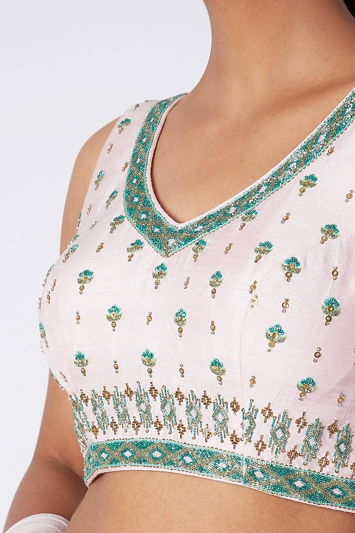 Blue & Baby Pink Embroidered Printed Wedding Lehenga Set by Pooja Sampat at Pernia's Pop Up Shop
