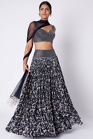Midnight Blue Embroidered Lehenga Set by Pooja Sampat