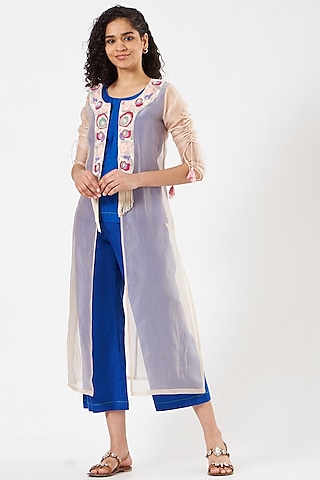 Cobalt Blue Chanderi Embroidered Kurta Set by Pooja singhal