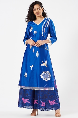 Cobalt Blue Chanderi Embroidered Kurta Set by Pooja singhal