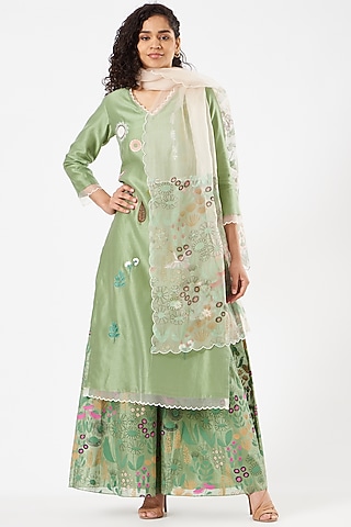 Mint Green Chanderi Embroidered Kurta Set by Pooja singhal