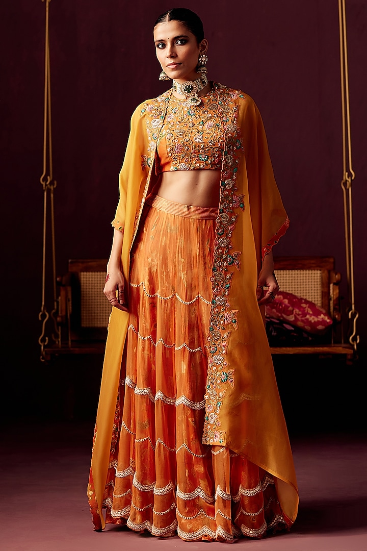 Burnt Orange Chanderi Silk Embroidered Layered Jacket Lehenga Set by Pooja Singhal