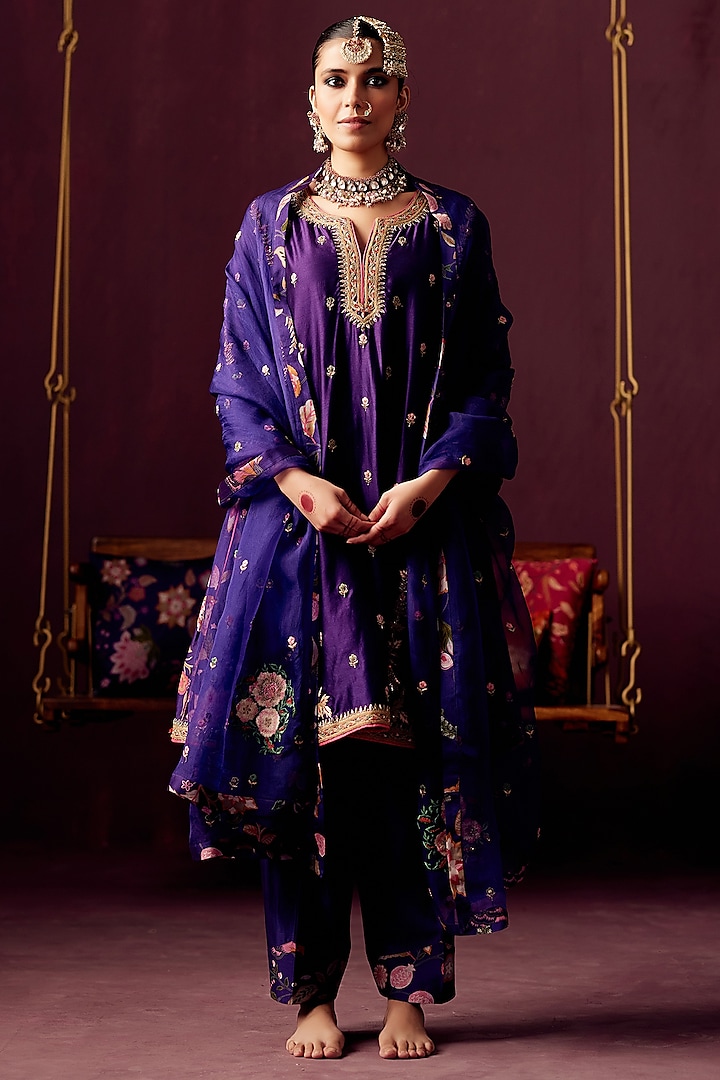 Purple Chanderi Zardosi Embroidered Kurta Set by Pooja Singhal