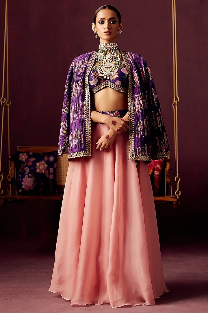 Powder Pink Silk Printed Jacket Lehenga Set by Pooja Singhal