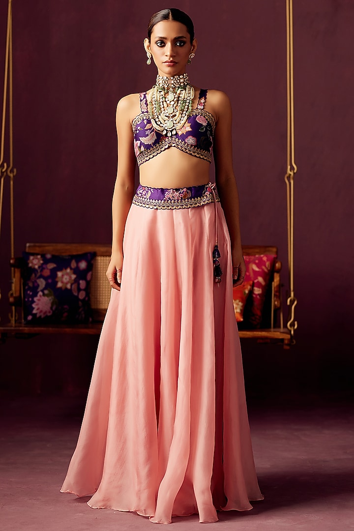 Powder Pink Silk Printed Jacket Wedding Lehenga Set by Pooja Singhal at Pernia's Pop Up Shop
