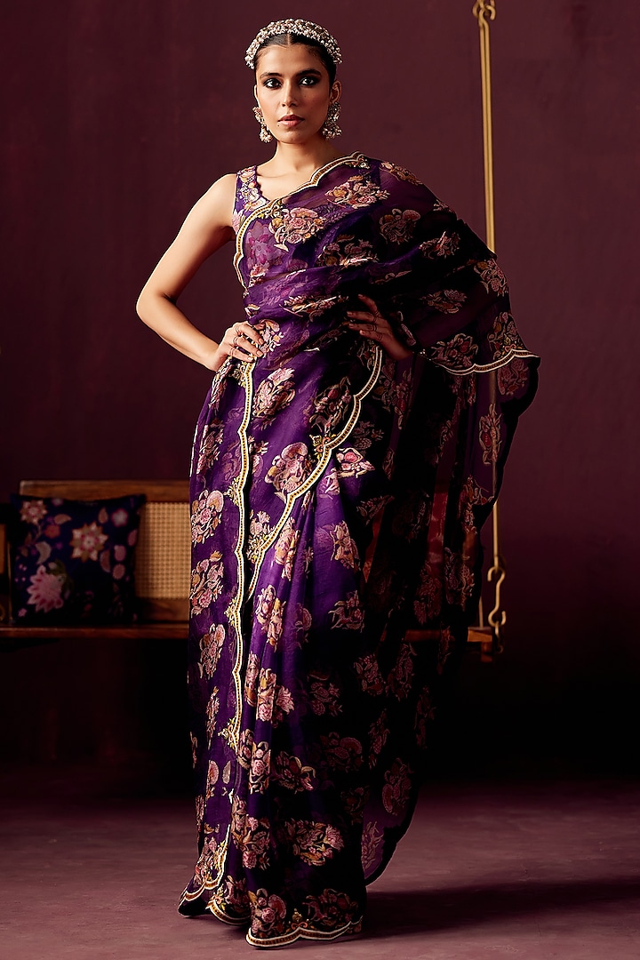 Purple Organza Embroidered Saree Set by Pooja Singhal