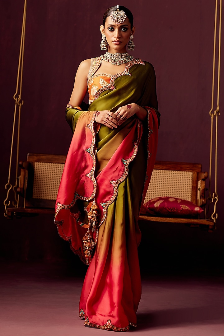 Green Organza Ombre Saree Set by Pooja Singhal