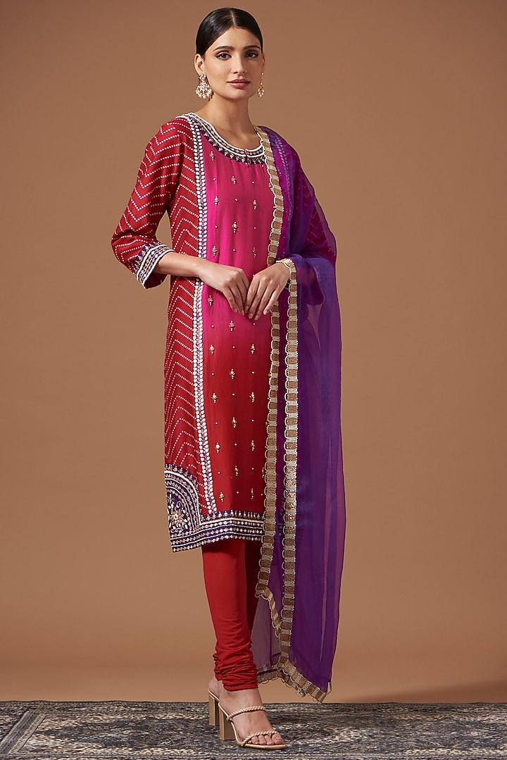 Red & Pink Chanderi Embroidered Kurta Set by Pooja singhal at Pernia's Pop Up Shop