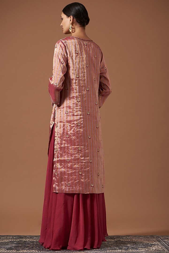Pink Handwoven Tissue Embroidered Kurta Set by Pooja singhal at Pernia's Pop Up Shop