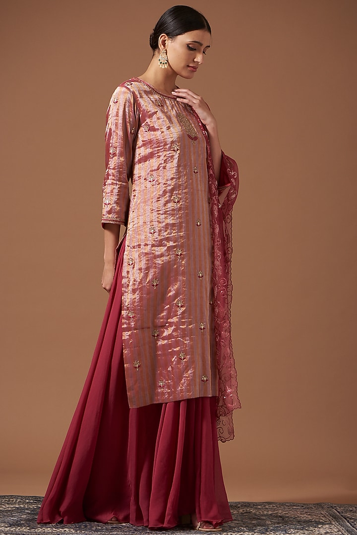 Pink Handwoven Tissue Embroidered Kurta Set by Pooja singhal at Pernia's Pop Up Shop
