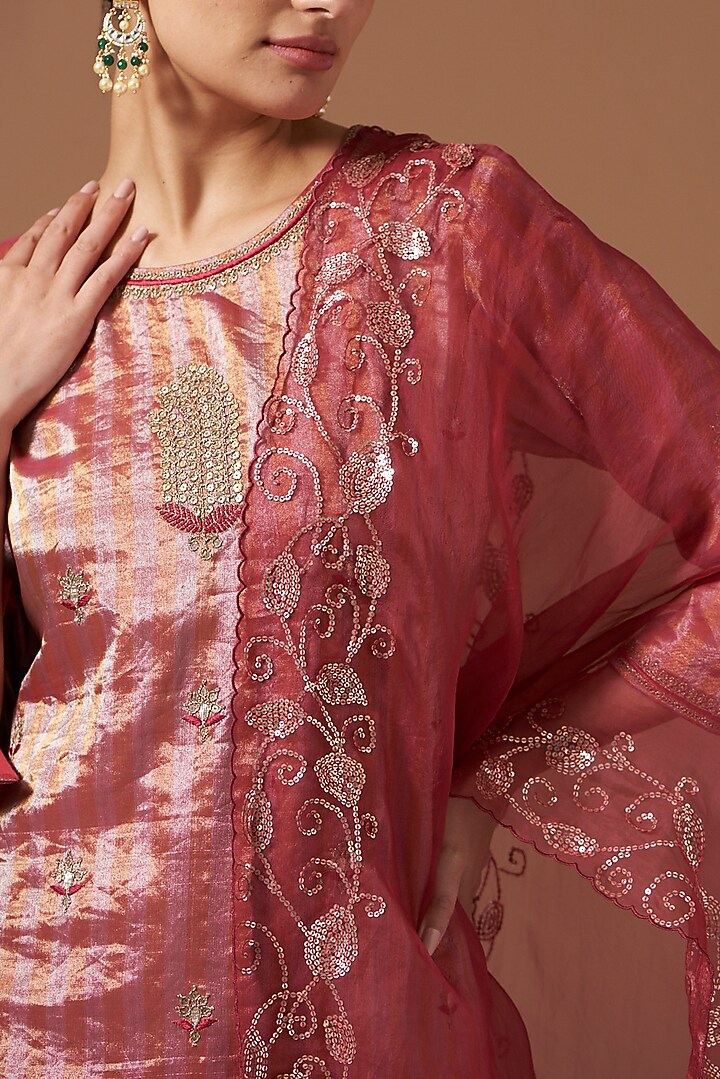 Pink Handwoven Tissue Embroidered Kurta Set by Pooja singhal at Pernia's Pop Up Shop