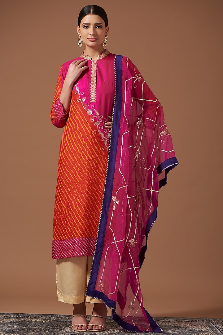 Pink & Orange Ombre Silk Bandhani Printed Kurta Set by Pooja singhal