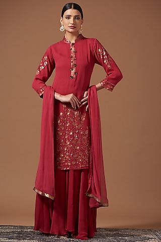 Wine Chiffon Embroidered Kurta Set by Pooja singhal