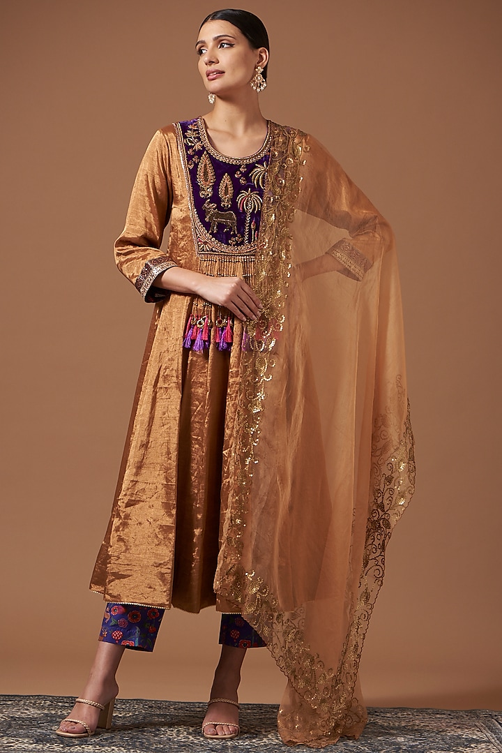 Dull Gold Hand Woven Tissue Embroidered Kurta Set by Pooja singhal