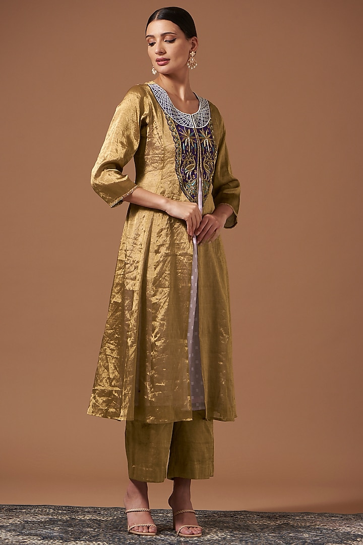 Gold Hand Woven Tissue Embroidered Jacket Set by Pooja singhal