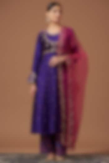 Purple Silk Embroidered Anarkali Set by Pooja singhal