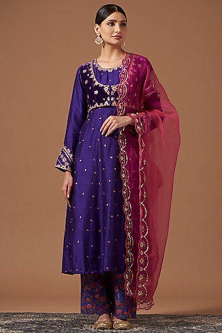 Purple Silk Embroidered Anarkali Set by Pooja singhal