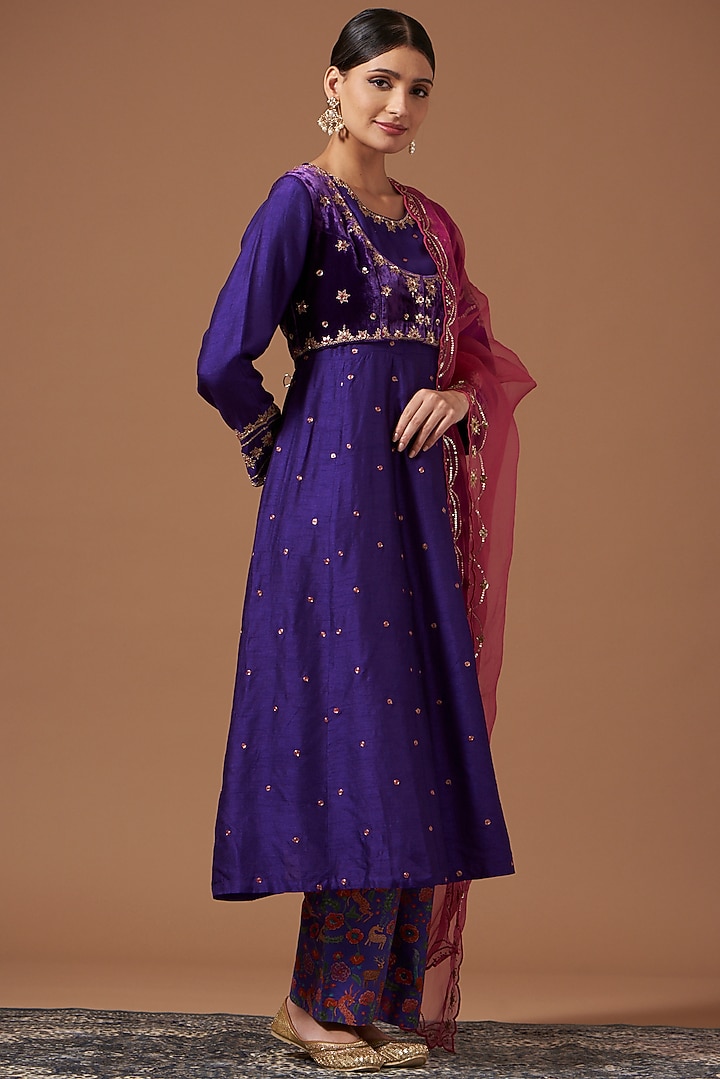 Purple Silk Embroidered Wedding Anarkali Set by Pooja singhal at Pernia's Pop Up Shop