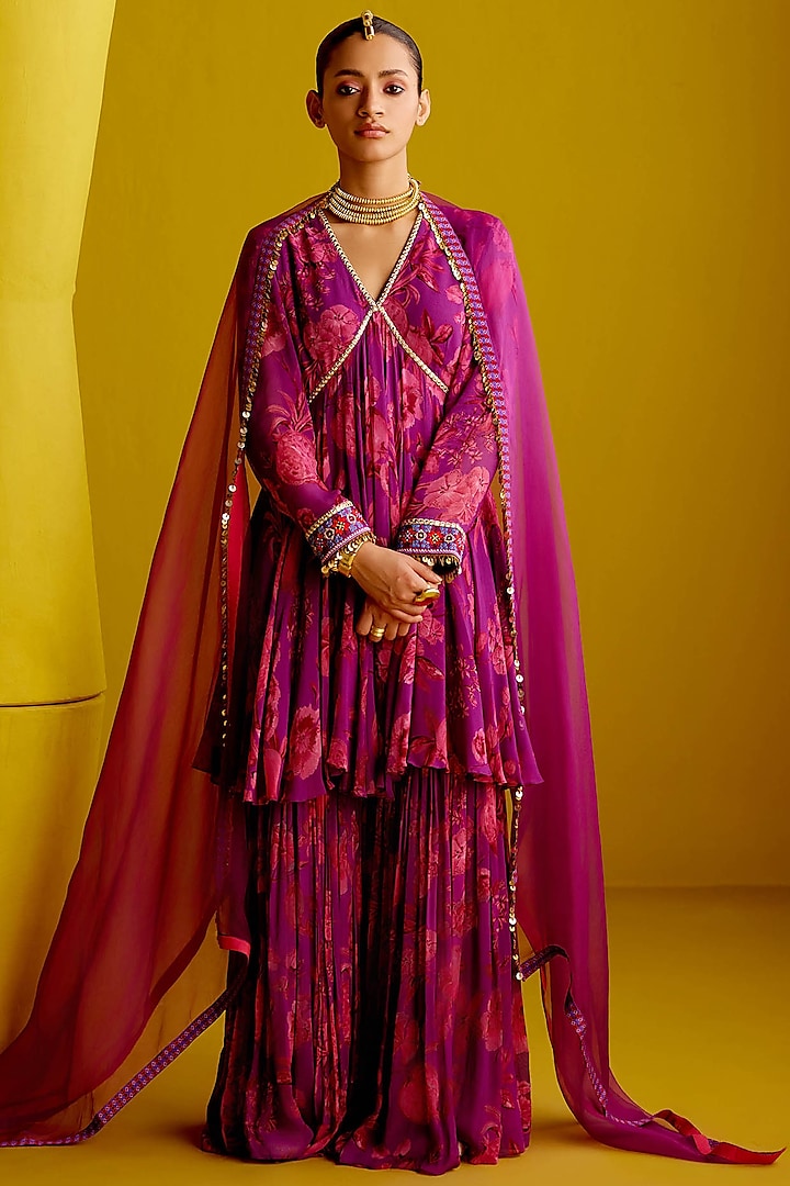 Purple Georgette Printed Sharara Set by Pooja Singhal