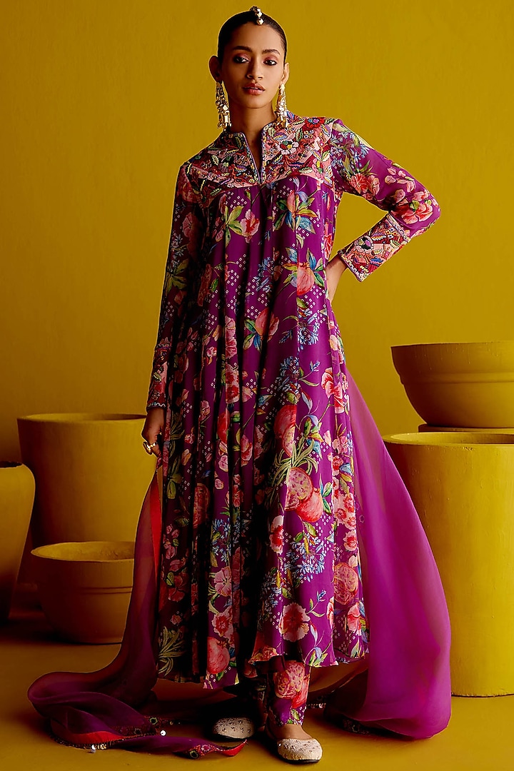 Purple Georgette Printed & Embroidered Kurta Set by Pooja Singhal