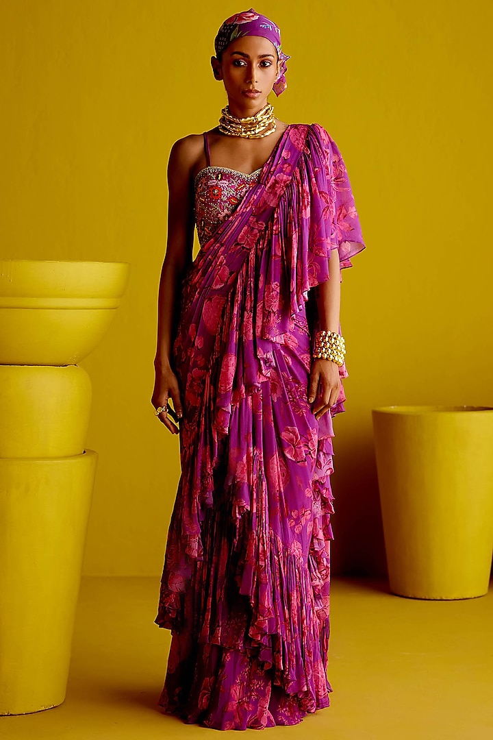 Purple Georgette Printed Draped Saree Set by Pooja Singhal
