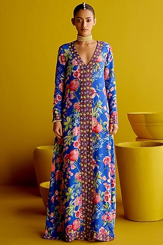 Royal Blue Crepe Viscose Printed & Embroidered Kaftan Dress by Pooja Singhal