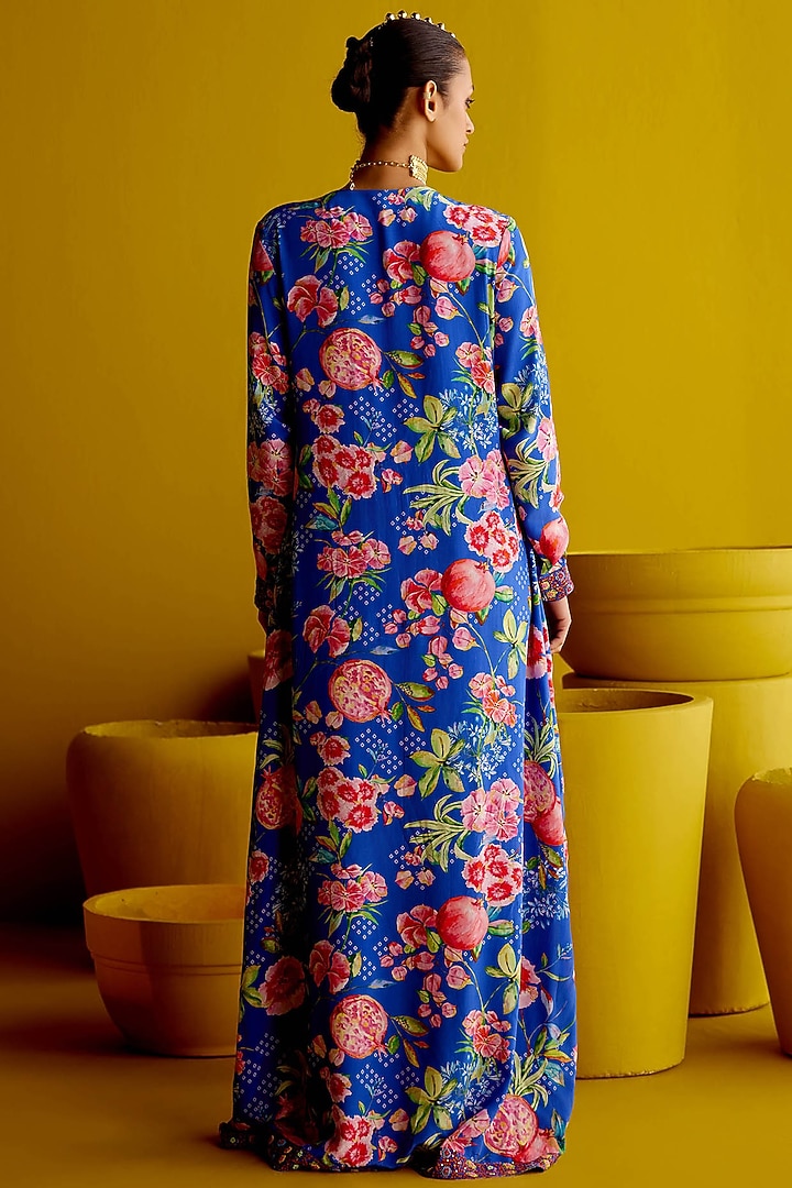 Royal Blue Crepe Viscose Printed & Embroidered Kaftan Vacation Dress by Pooja Singhal at Pernia's Pop Up Shop