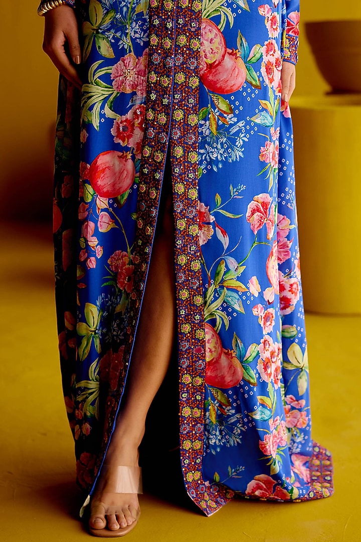 Royal Blue Crepe Viscose Printed & Embroidered Kaftan Vacation Dress by Pooja Singhal at Pernia's Pop Up Shop