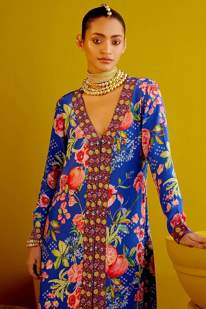 Royal Blue Crepe Viscose Printed & Embroidered Kaftan Vacation Dress by Pooja Singhal at Pernia's Pop Up Shop