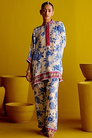 Ivory & Blue Crepe Co-Ord Set by Pooja Singhal