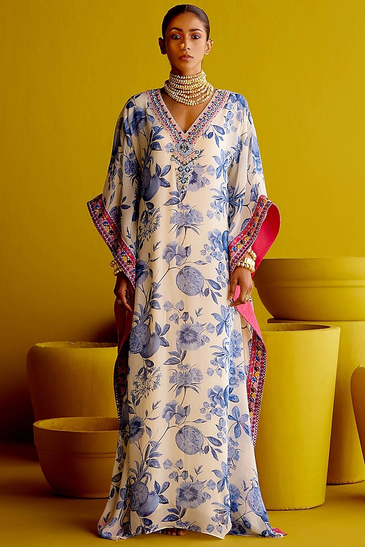 Ivory & Blue Georgette Sequins Embroidered Kaftan by Pooja Singhal