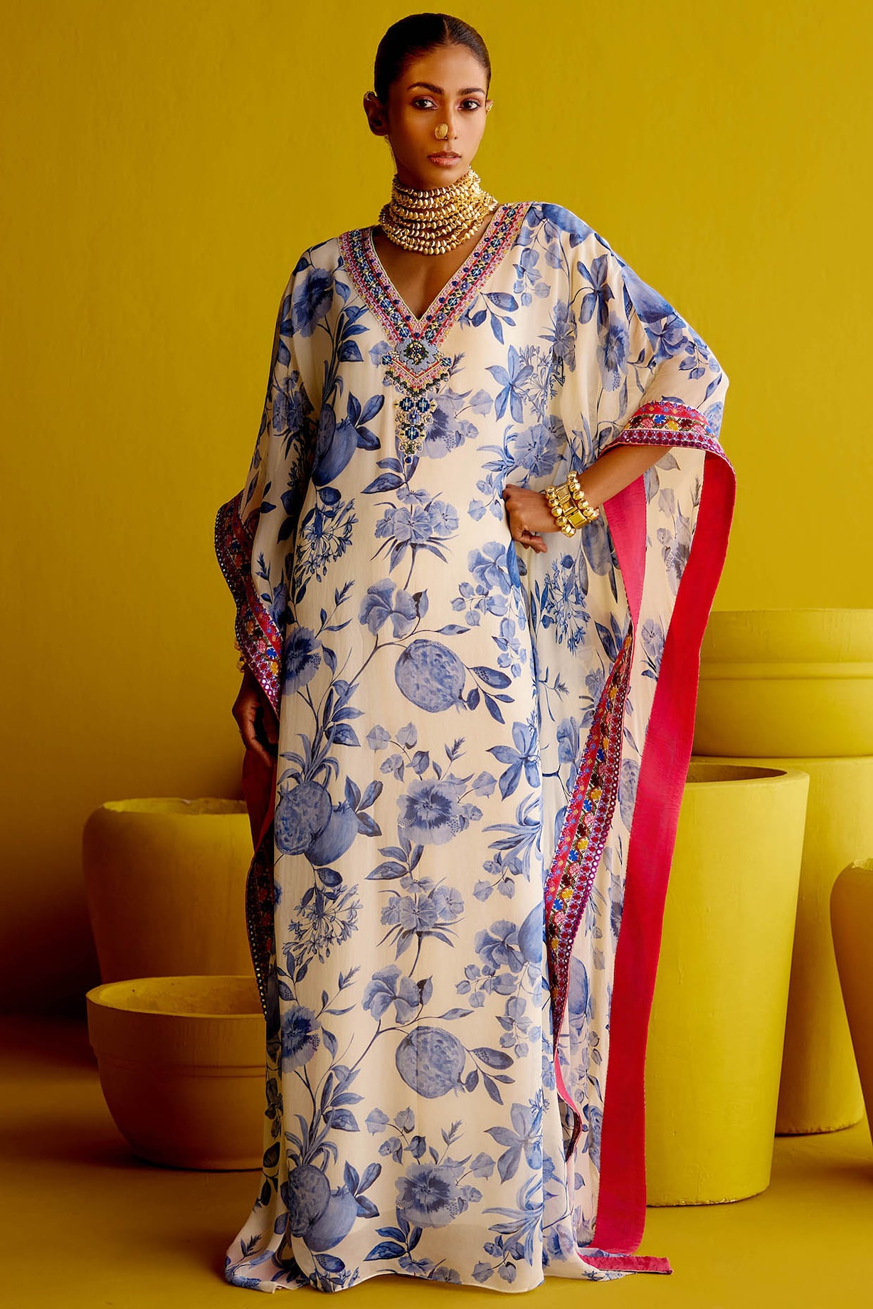 Ivory & Blue Georgette Sequins Embroidered Kaftan by Pooja Singhal at ...