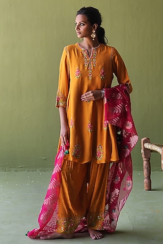 Burnt Orange Silk Sequins Embroidered Kurta Set by Pooja Singhal