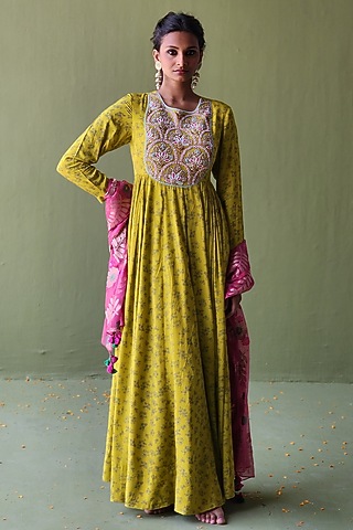Mehendi Green Silk Pearl Embroidered & Floral Printed Anarkali Set by Pooja Singhal
